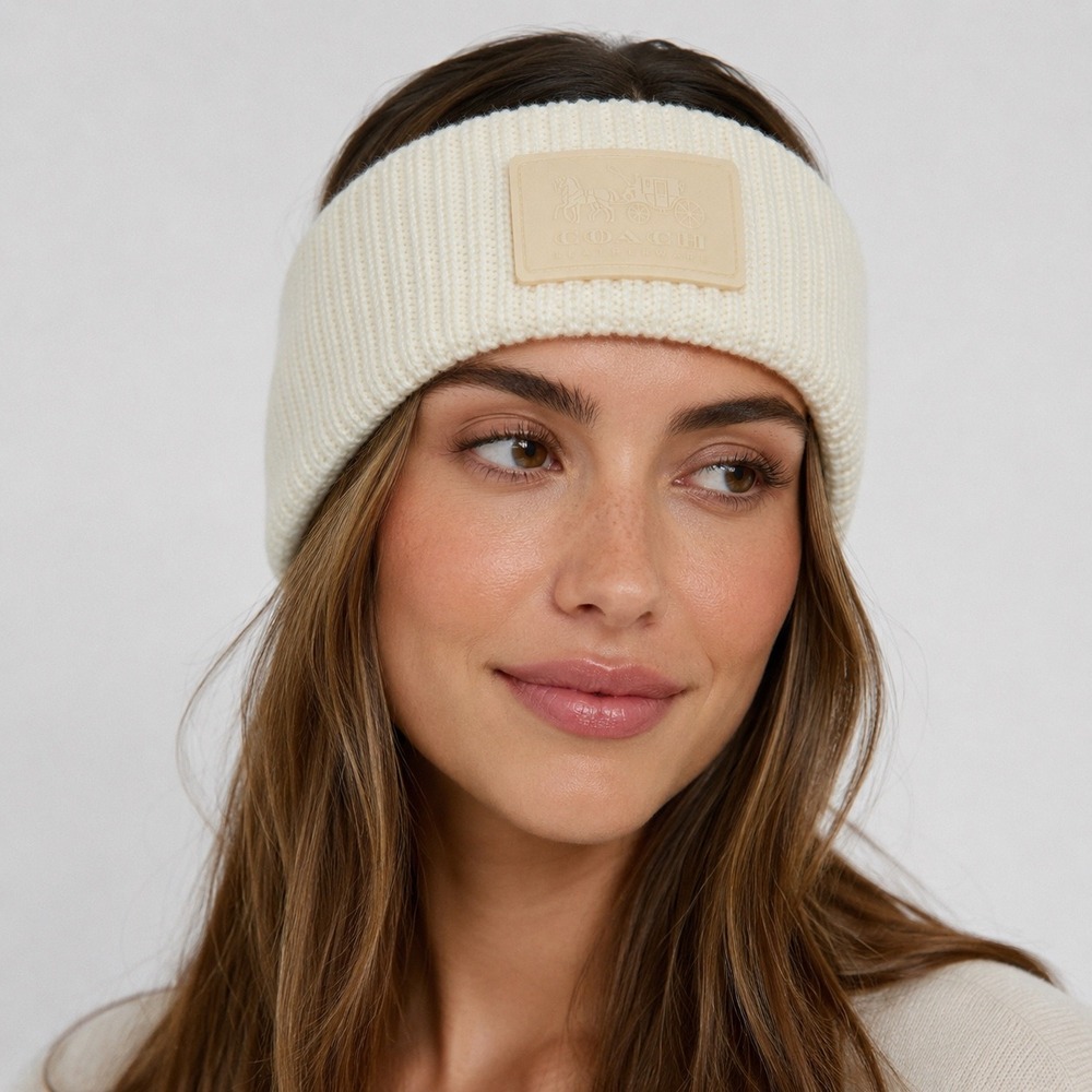 Coach Headband Women OS Cream Logo Ribbed Knit Ear Warmer CO100332 New With Tags